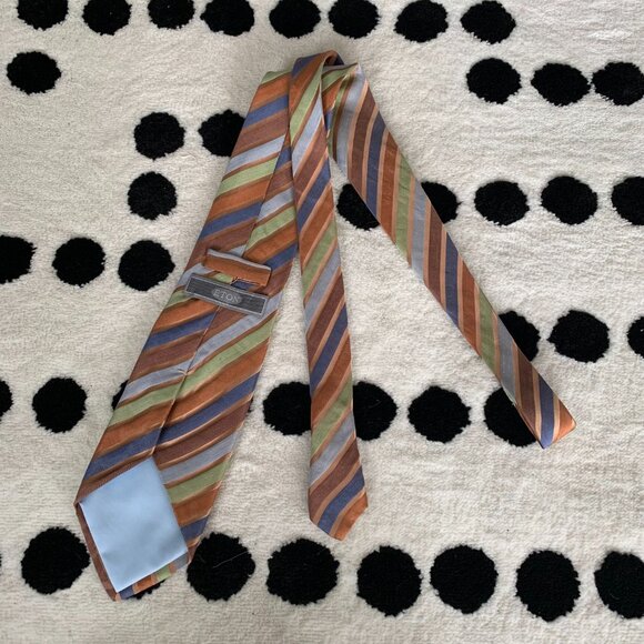 Eton Silk Linen Brown Green Striped Print Neck Tie - Picture 3 of 8